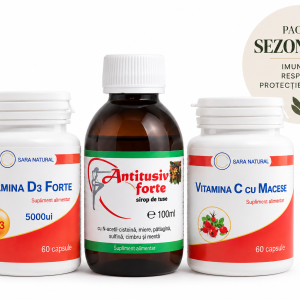 Pachet Sezon Rece – Vitamina D3 + Vitamina C cu Măceșe + Antitusiv Forte