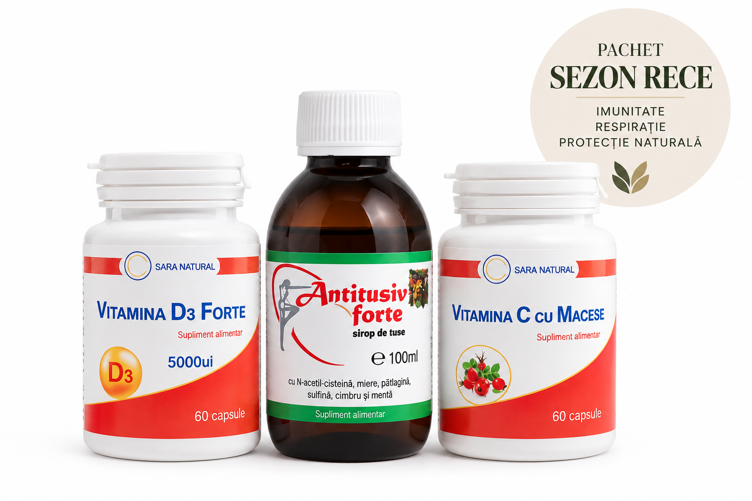 Pachet Sezon Rece – Vitamina D3 + Vitamina C cu Măceșe + Antitusiv Forte
